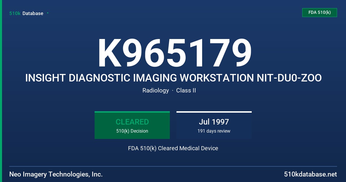 K965179 INSIGHT DIAGNOSTIC IMAGING WORKSTATION NIT-DU0-ZOO FDA 510(k) Cleared Medical Device