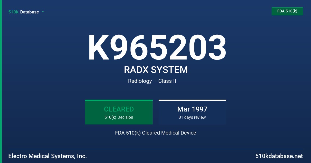 K965203 RADX SYSTEM FDA 510(k) Cleared Medical Device