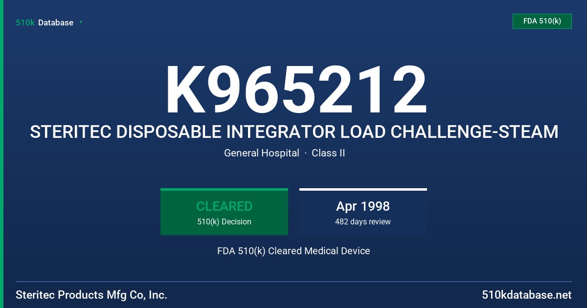 K965212 STERITEC DISPOSABLE INTEGRATOR LOAD CHALLENGE-STEAM FDA 510(k) Cleared Medical Device