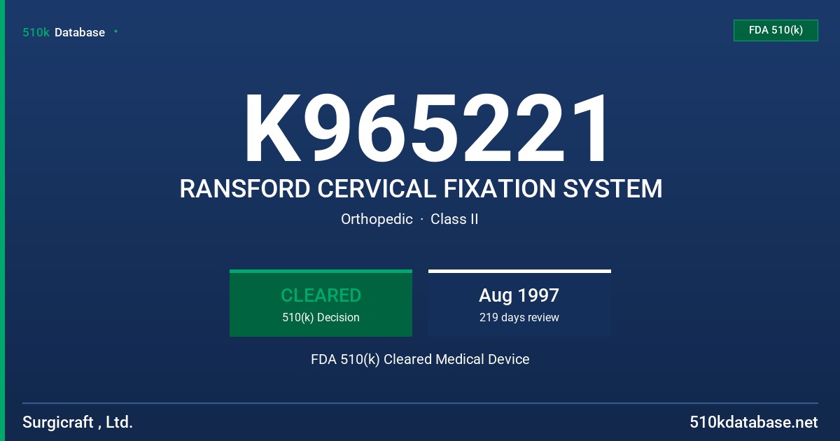 K965221 RANSFORD CERVICAL FIXATION SYSTEM FDA 510(k) Cleared Medical Device