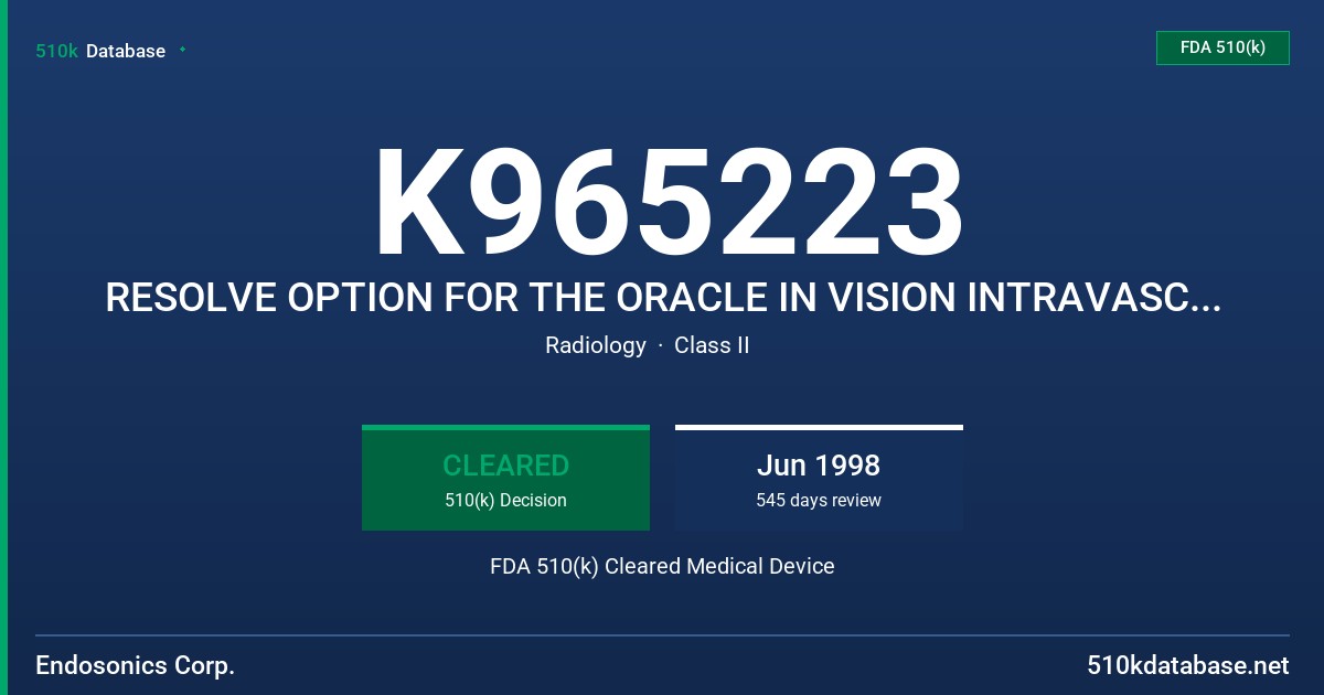 K965223 RESOLVE OPTION FOR THE ORACLE IN VISION INTRAVASCULAR ULTRASONIC IMAGING SYSTEM FDA 510(k) Cleared Medical Device