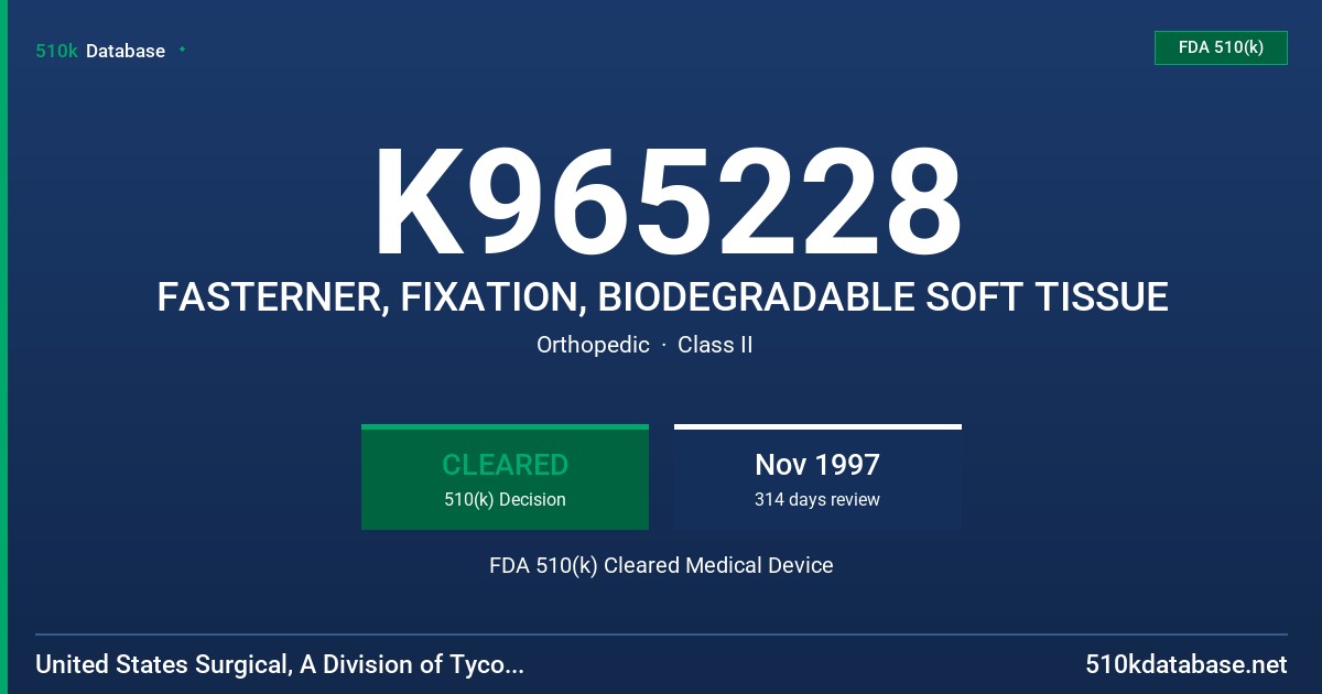 K965228 FASTERNER, FIXATION, BIODEGRADABLE SOFT TISSUE FDA 510(k) Cleared Medical Device