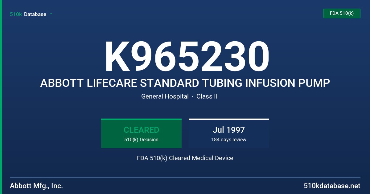 K965230 ABBOTT LIFECARE STANDARD TUBING INFUSION PUMP FDA 510(k) Cleared Medical Device