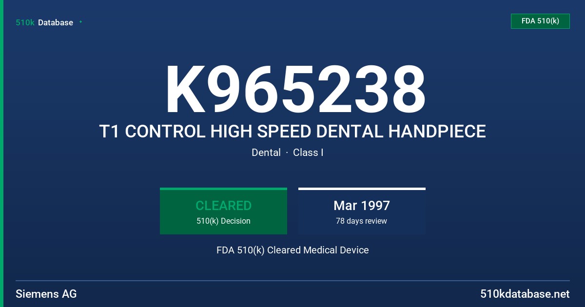 K965238 T1 CONTROL HIGH SPEED DENTAL HANDPIECE FDA 510(k) Cleared Medical Device