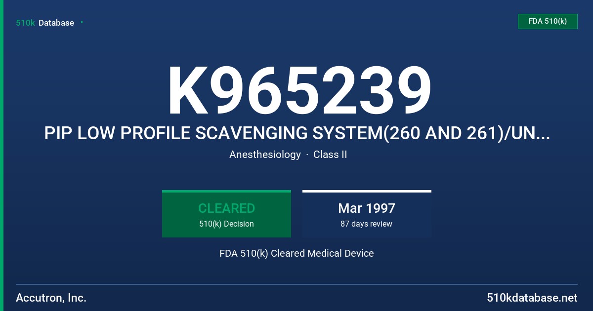 K965239 PIP LOW PROFILE SCAVENGING SYSTEM(260 AND 261)/UNIVERSAL LOW PROFILE SCAVENGING SYSTEM(260-U AND 261-U) FDA 510(k) Cleared Medical Device