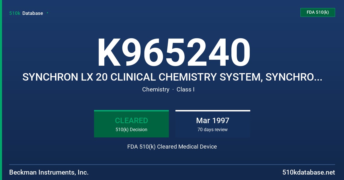 K965240 SYNCHRON LX 20 CLINICAL CHEMISTRY SYSTEM, SYNCHRON LX ALBUMIN REAGENT, SYNCHRON LX CREATININE PICRIC REAGENT, SYNCHRON L FDA 510(k) Cleared Medical Device
