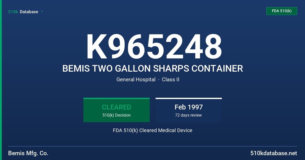 K965248 BEMIS TWO GALLON SHARPS CONTAINER FDA 510(k) Cleared Medical Device