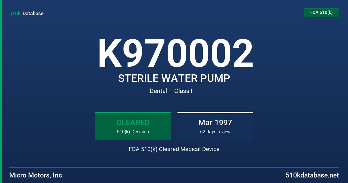 K970002 STERILE WATER PUMP FDA 510(k) Cleared Medical Device