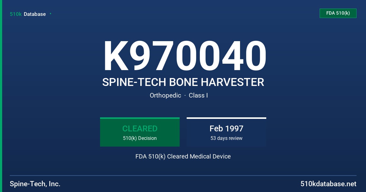 K970040 SPINE-TECH BONE HARVESTER FDA 510(k) Cleared Medical Device
