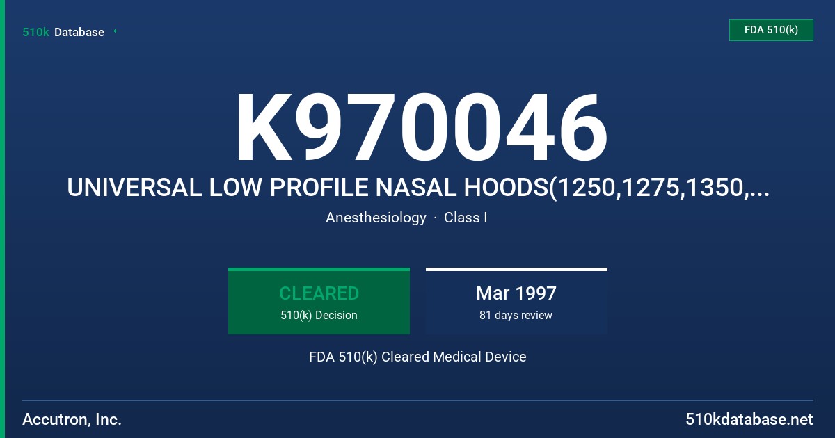 K970046 UNIVERSAL LOW PROFILE NASAL HOODS(1250,1275,1350,1450,1475,1550) FDA 510(k) Cleared Medical Device