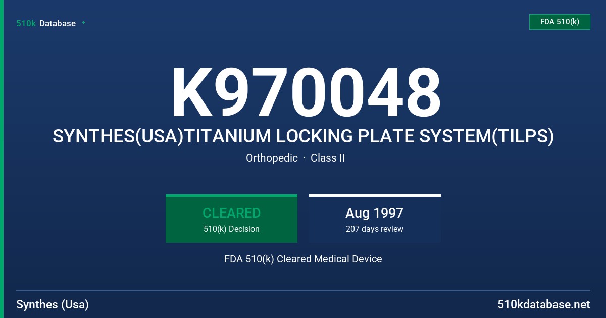 K970048 SYNTHES(USA)TITANIUM LOCKING PLATE SYSTEM(TILPS) FDA 510(k) Cleared Medical Device