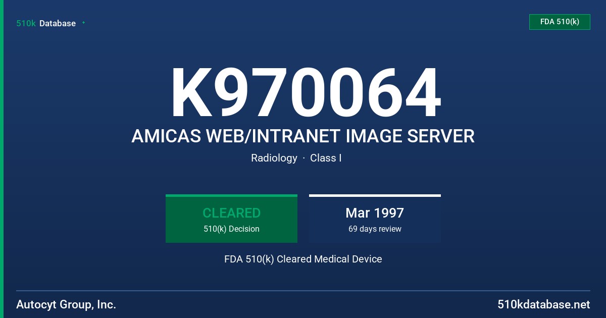 K970064 AMICAS WEB/INTRANET IMAGE SERVER FDA 510(k) Cleared Medical Device