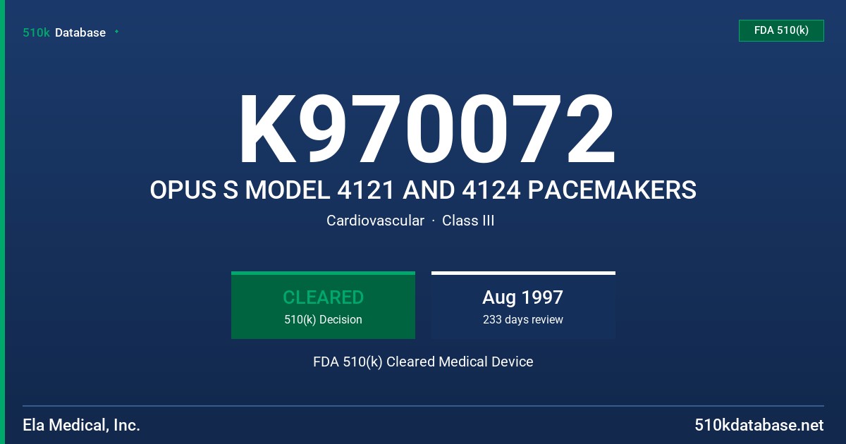K970072 OPUS S MODEL 4121 AND 4124 PACEMAKERS FDA 510(k) Cleared Medical Device