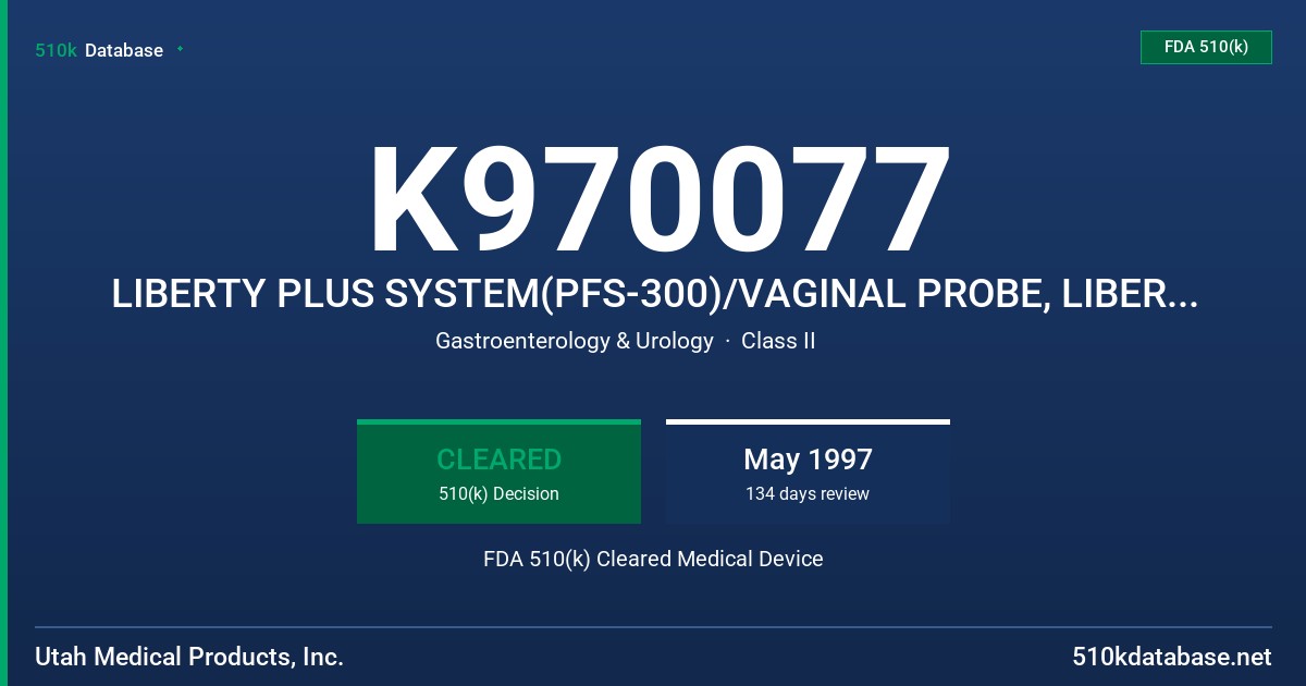 K970077 LIBERTY PLUS SYSTEM(PFS-300)/VAGINAL PROBE, LIBERTY PLUS(PFS-044) FDA 510(k) Cleared Medical Device