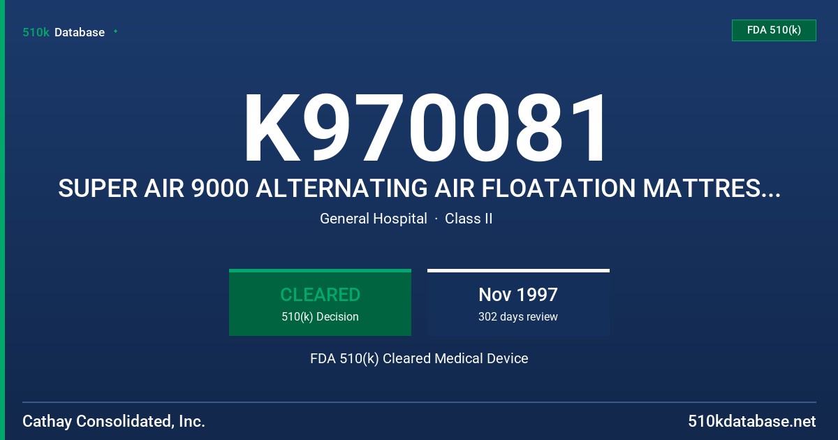 K970081 SUPER AIR 9000 ALTERNATING AIR FLOATATION MATTRESS SYSTEM FDA 510(k) Cleared Medical Device