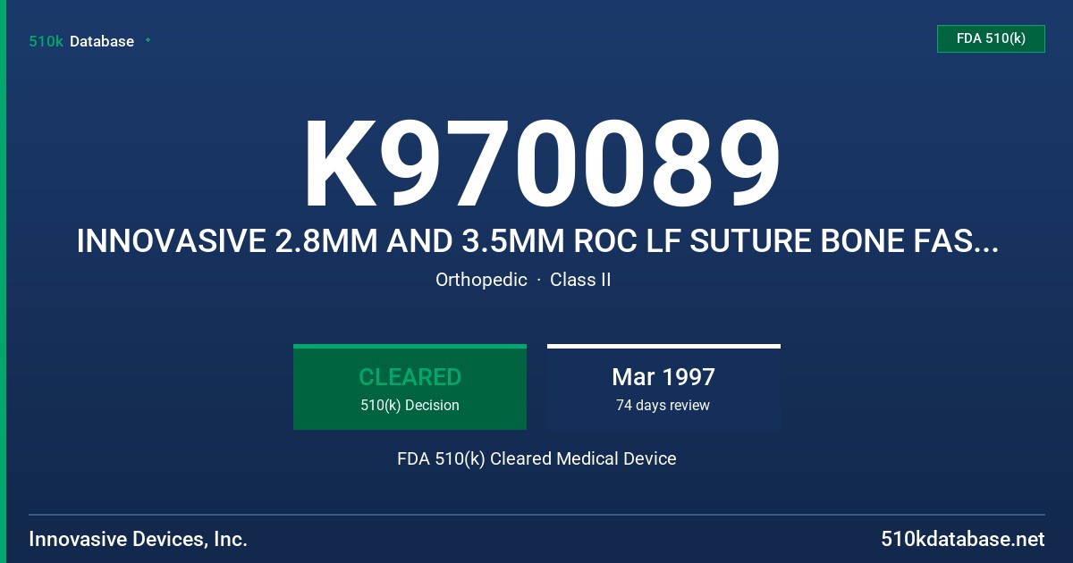 K970089 INNOVASIVE 2.8MM AND 3.5MM ROC LF SUTURE BONE FASTENER FDA 510(k) Cleared Medical Device