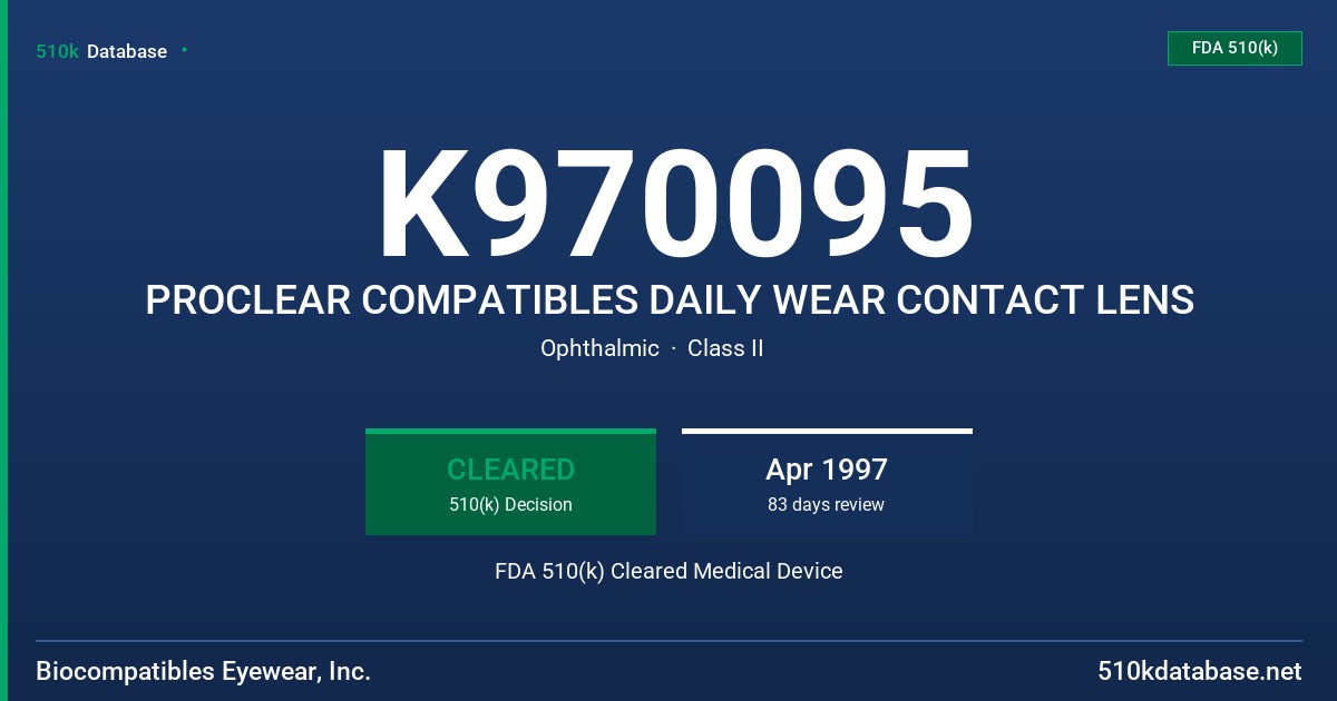 K970095 PROCLEAR COMPATIBLES DAILY WEAR CONTACT LENS FDA 510(k) Cleared Medical Device