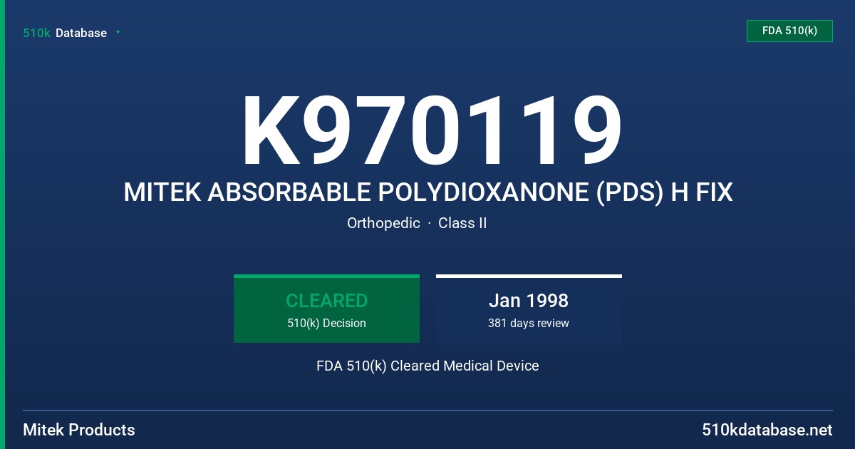 K970119 MITEK ABSORBABLE POLYDIOXANONE (PDS) H FIX FDA 510(k) Cleared Medical Device