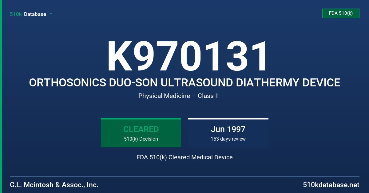 K970131 ORTHOSONICS DUO-SON ULTRASOUND DIATHERMY DEVICE FDA 510(k) Cleared Medical Device
