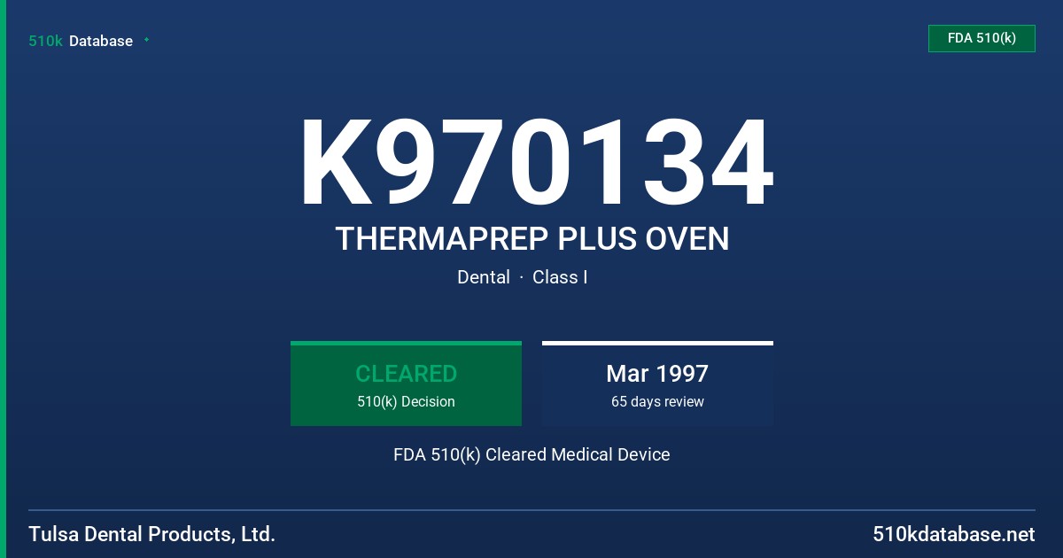 K970134 THERMAPREP PLUS OVEN FDA 510(k) Cleared Medical Device