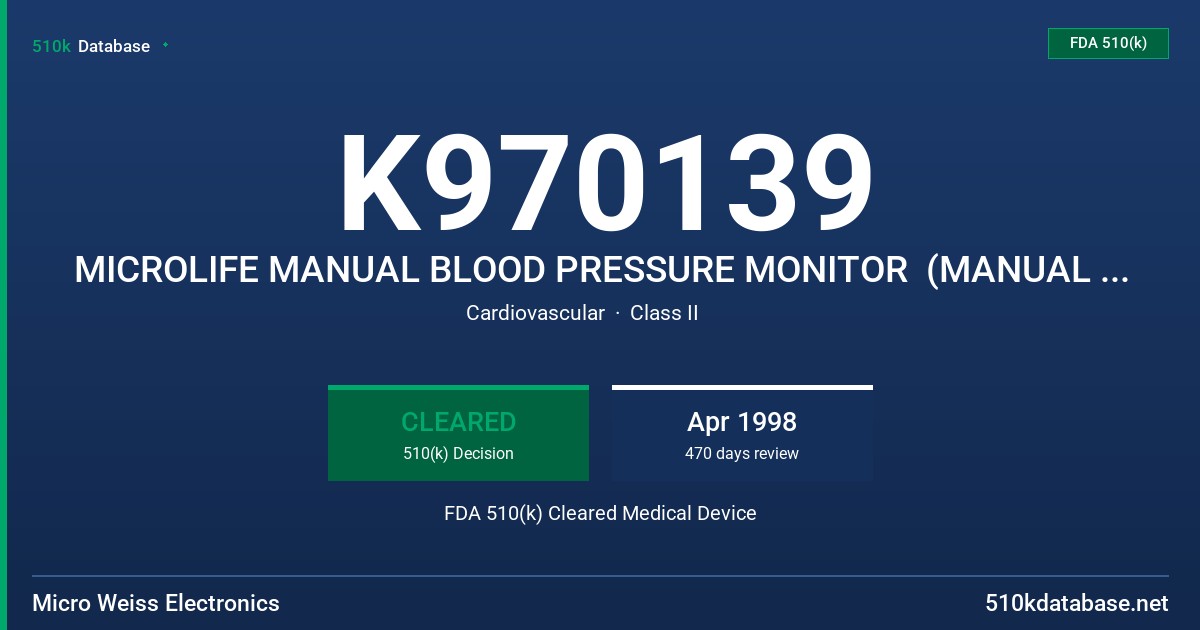 K970139 MICROLIFE MANUAL BLOOD PRESSURE MONITOR  (MANUAL INFLATE) MODEL BP-2BIO FDA 510(k) Cleared Medical Device