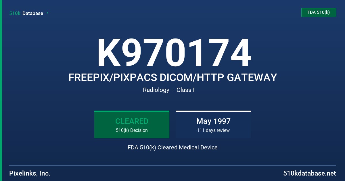 K970174 FREEPIX/PIXPACS DICOM/HTTP GATEWAY FDA 510(k) Cleared Medical Device