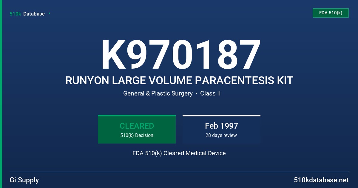 K970187 RUNYON LARGE VOLUME PARACENTESIS KIT FDA 510(k) Cleared Medical Device