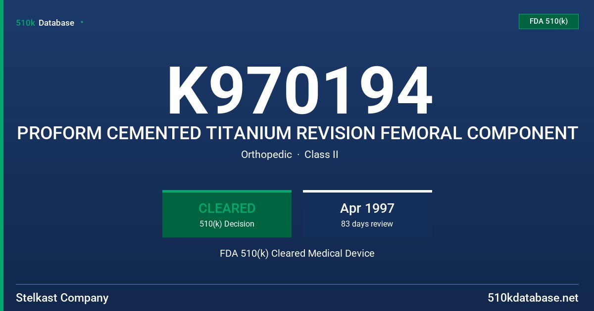 K970194 PROFORM CEMENTED TITANIUM REVISION FEMORAL COMPONENT FDA 510(k) Cleared Medical Device