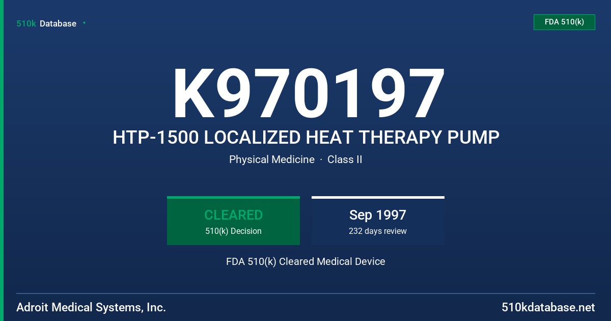 K970197 HTP-1500 LOCALIZED HEAT THERAPY PUMP FDA 510(k) Cleared Medical Device