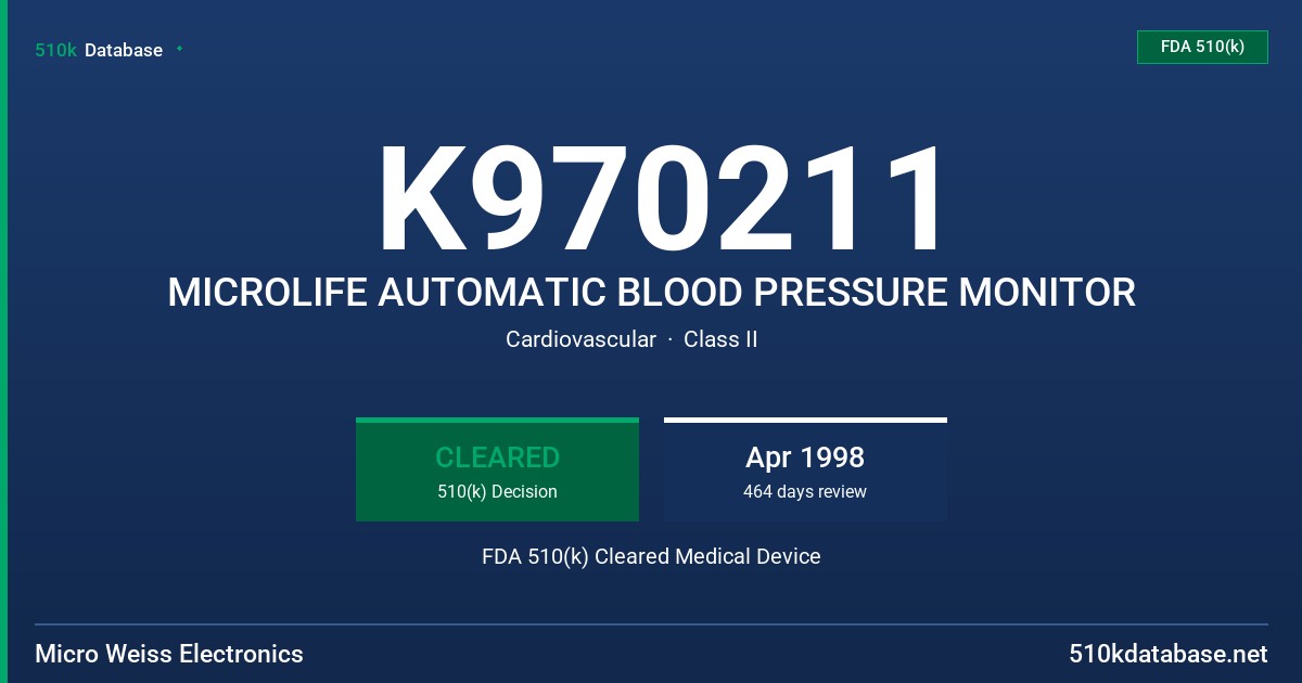 K970211 MICROLIFE AUTOMATIC BLOOD PRESSURE MONITOR FDA 510(k) Cleared Medical Device