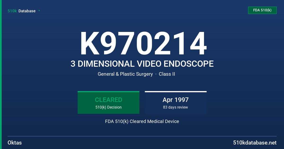 K970214 3 DIMENSIONAL VIDEO ENDOSCOPE FDA 510(k) Cleared Medical Device