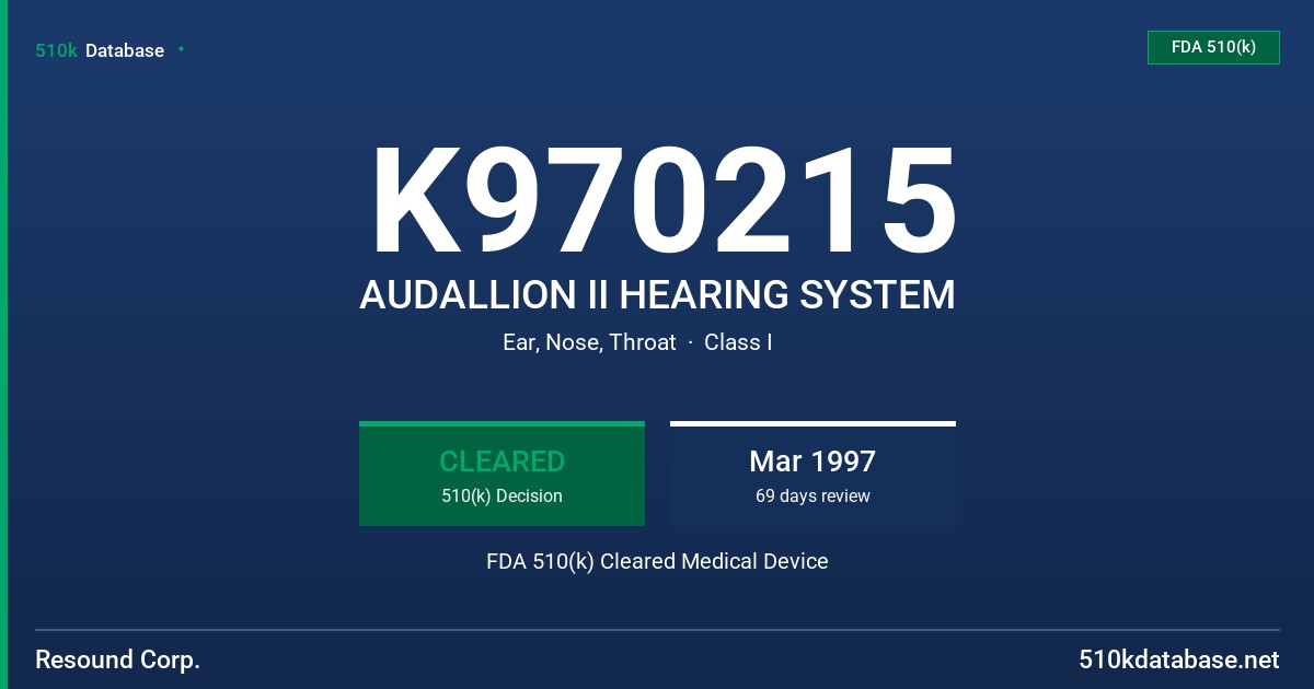 K970215 AUDALLION II HEARING SYSTEM FDA 510(k) Cleared Medical Device