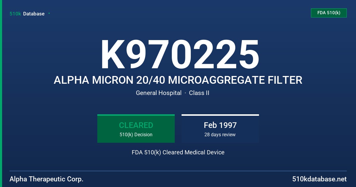 K970225 ALPHA MICRON 20/40 MICROAGGREGATE FILTER FDA 510(k) Cleared Medical Device