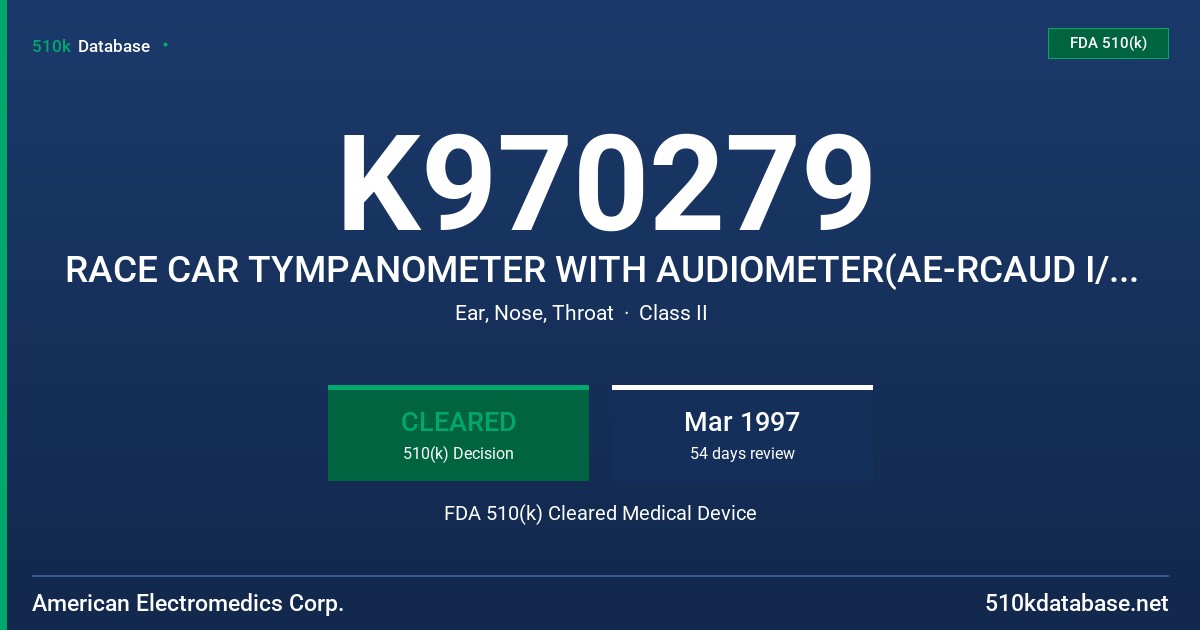 K970279 RACE CAR TYMPANOMETER WITH AUDIOMETER(AE-RCAUD I/QUIK TYMP 1(AE-QUIK 1)/QUICK TYMP 2(AE-QUIK 2) FDA 510(k) Cleared Medical Device