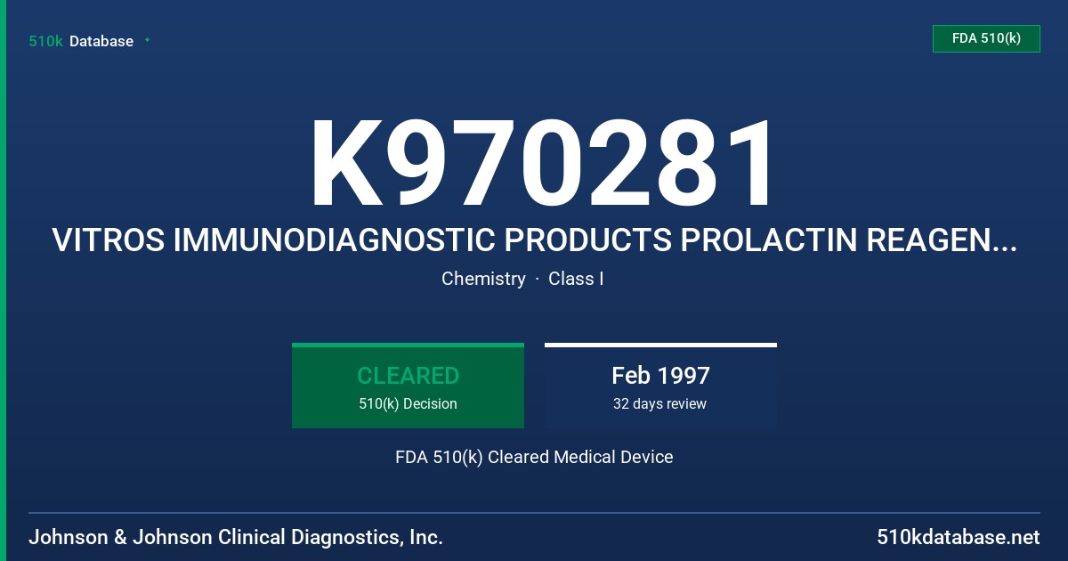K970281 VITROS IMMUNODIAGNOSTIC PRODUCTS PROLACTIN REAGENT PACK/CALIBRATORS FDA 510(k) Cleared Medical Device
