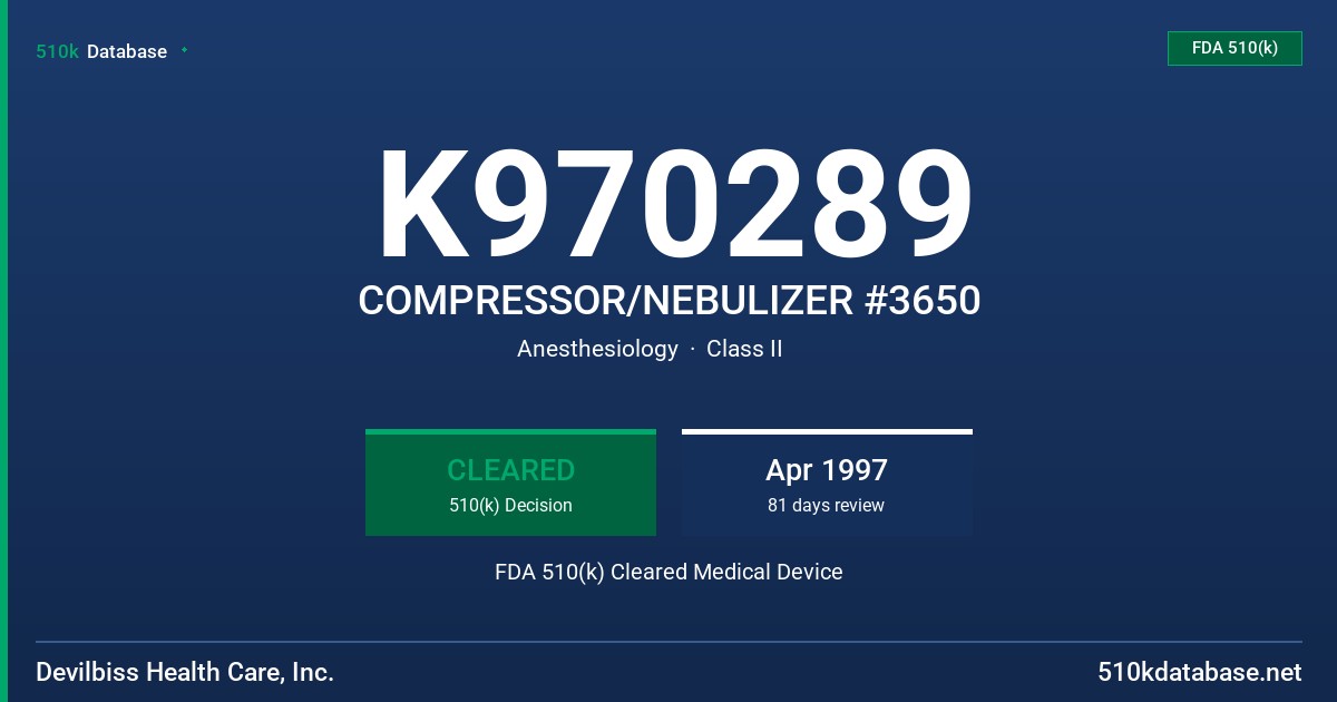 K970289 COMPRESSOR/NEBULIZER #3650 FDA 510(k) Cleared Medical Device