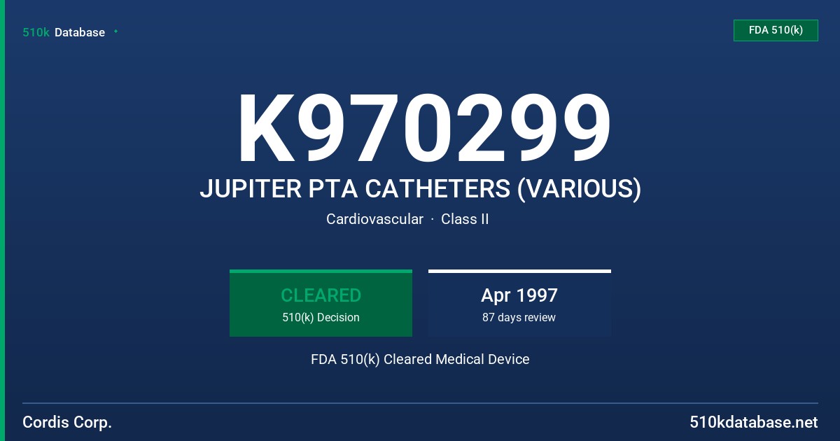 K970299 JUPITER PTA CATHETERS (VARIOUS) FDA 510(k) Cleared Medical Device