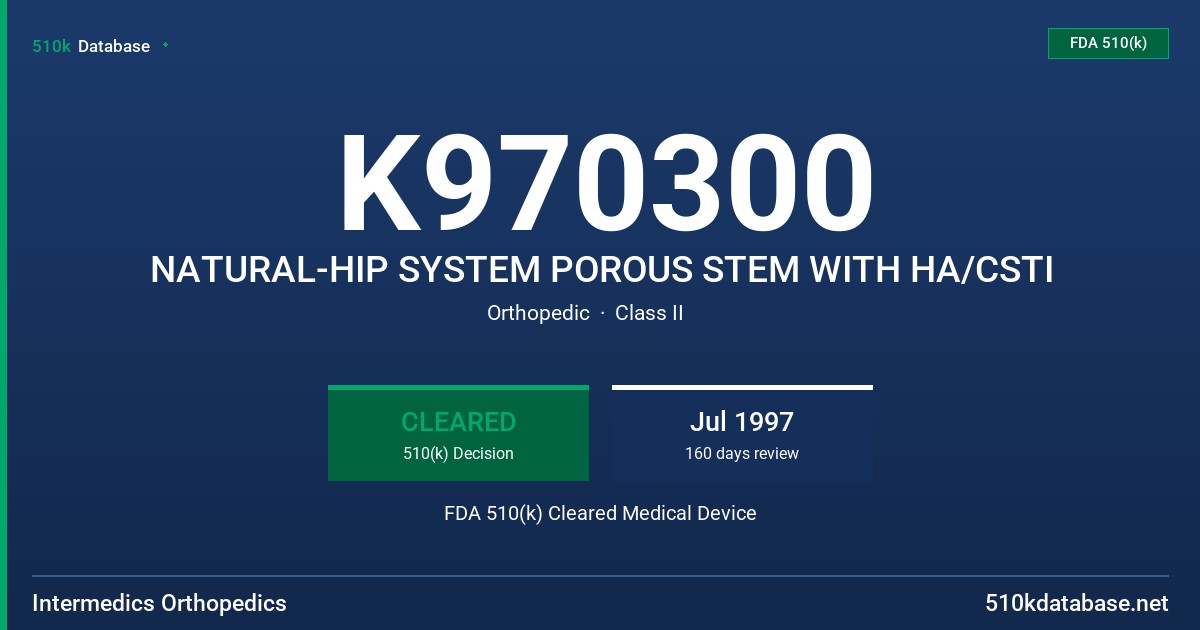 K970300 NATURAL-HIP SYSTEM POROUS STEM WITH HA/CSTI FDA 510(k) Cleared Medical Device