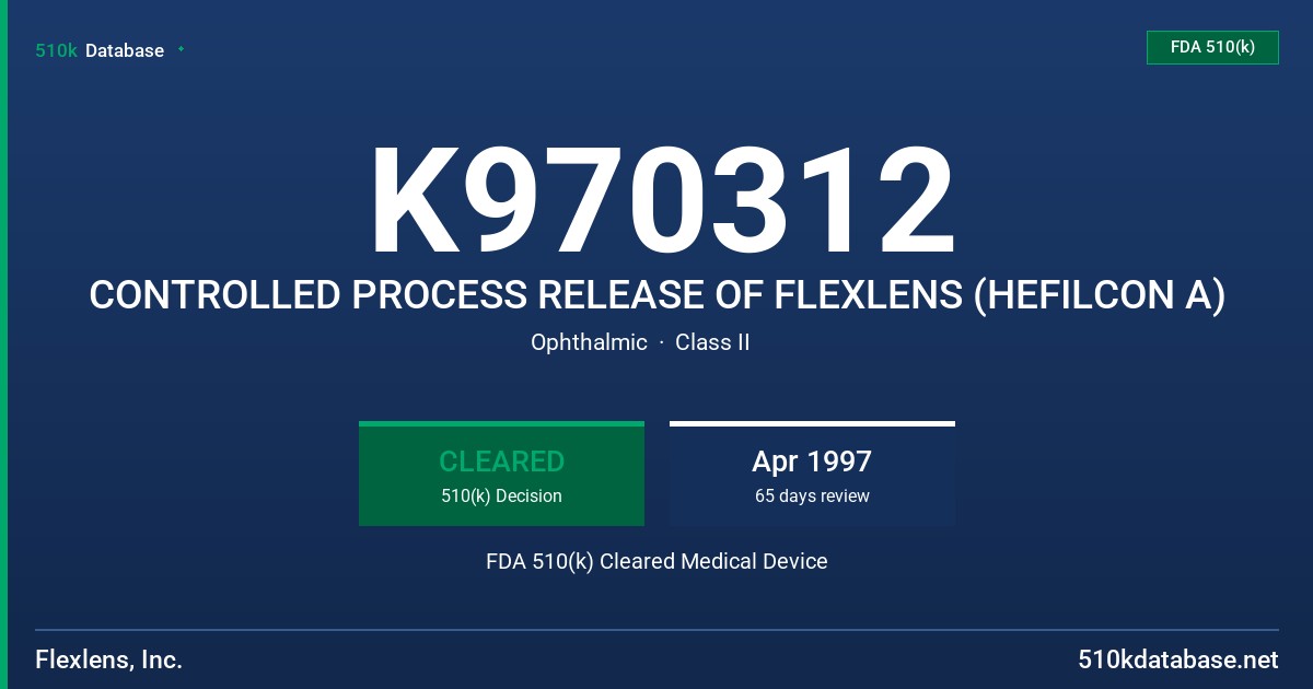 K970312 CONTROLLED PROCESS RELEASE OF FLEXLENS (HEFILCON A) FDA 510(k) Cleared Medical Device