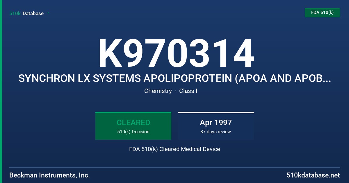 K970314 SYNCHRON LX SYSTEMS APOLIPOPROTEIN (APOA AND APOB) REAGENTS FDA 510(k) Cleared Medical Device