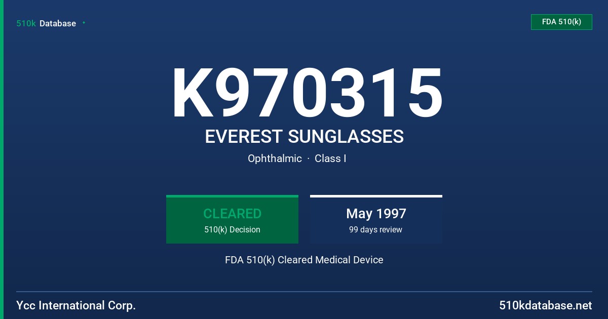 K970315 EVEREST SUNGLASSES FDA 510(k) Cleared Medical Device