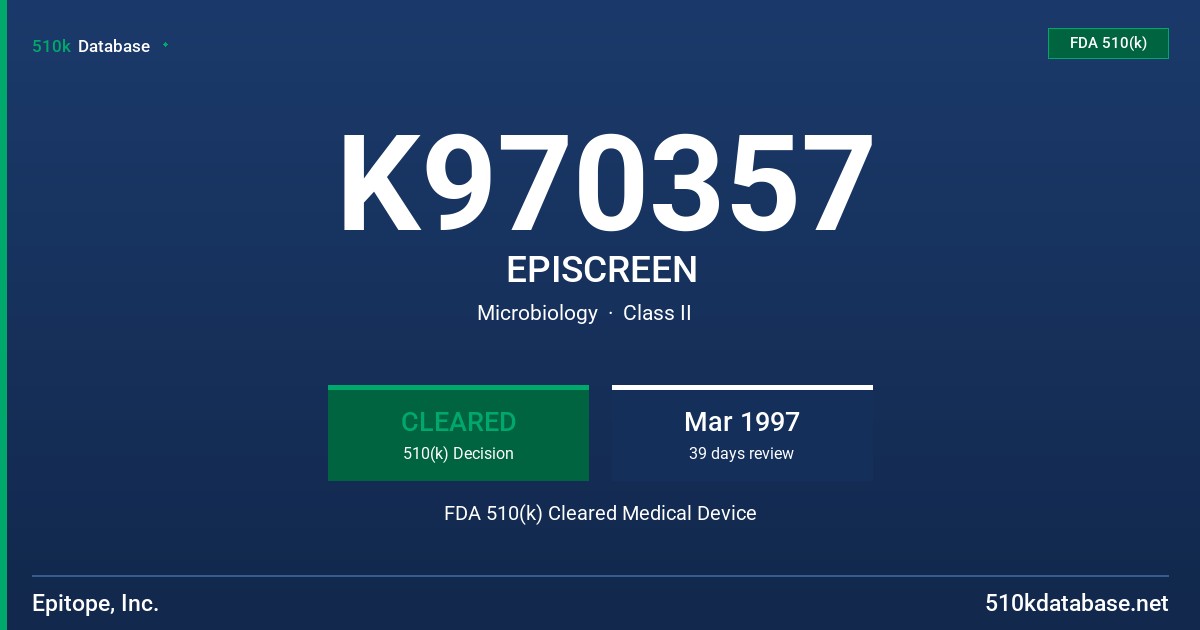 K970357 EPISCREEN FDA 510(k) Cleared Medical Device