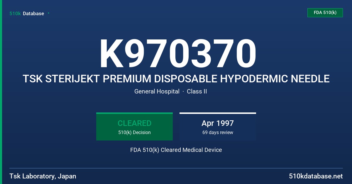 K970370 TSK STERIJEKT PREMIUM DISPOSABLE HYPODERMIC NEEDLE FDA 510(k) Cleared Medical Device