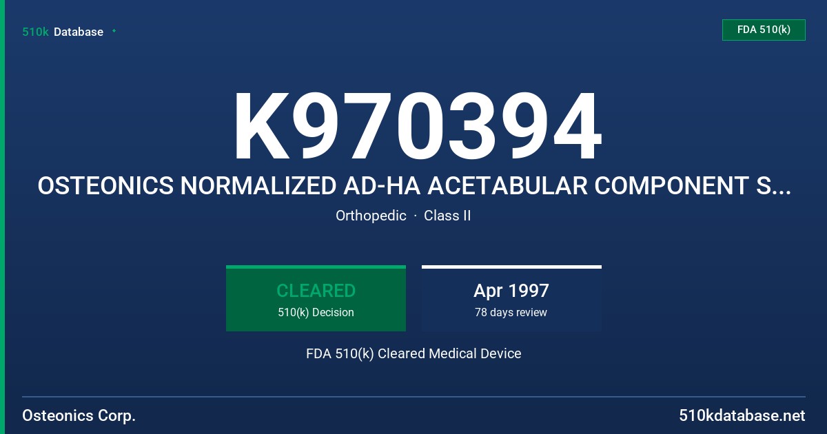 K970394 OSTEONICS NORMALIZED AD-HA ACETABULAR COMPONENT SYSTEM FDA 510(k) Cleared Medical Device