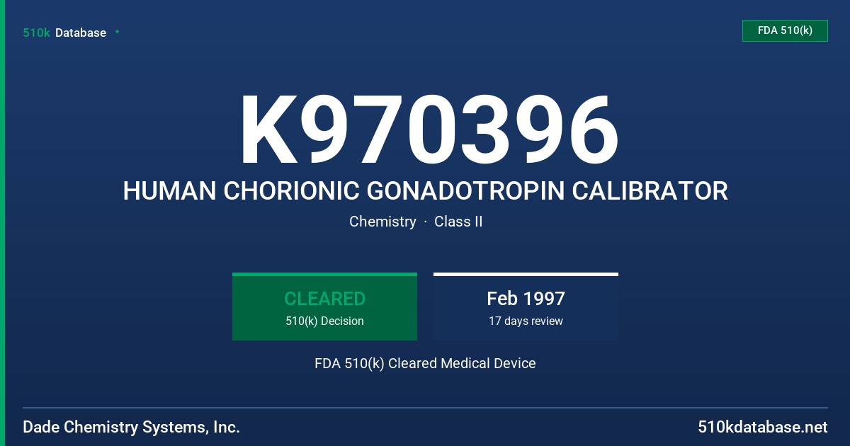 K970396 HUMAN CHORIONIC GONADOTROPIN CALIBRATOR FDA 510(k) Cleared Medical Device
