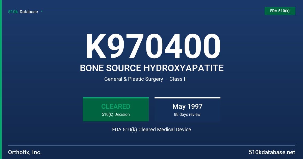 K970400 BONE SOURCE HYDROXYAPATITE FDA 510(k) Cleared Medical Device