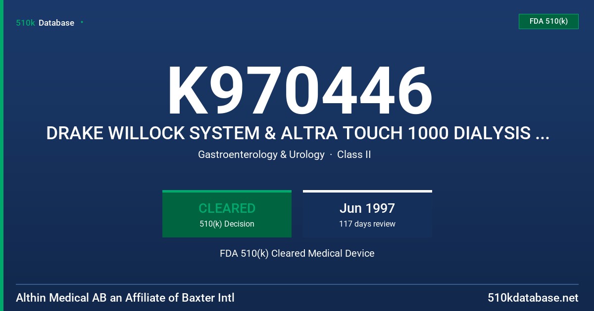 K970446 DRAKE WILLOCK SYSTEM & ALTRA TOUCH 1000 DIALYSIS DELIVERY SYSTEM FDA 510(k) Cleared Medical Device