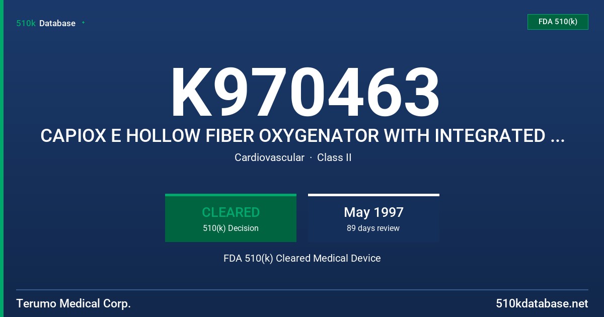 K970463 CAPIOX E HOLLOW FIBER OXYGENATOR WITH INTEGRATED HEAT EXCHANGER/ARTERIAL RESERVOIR FDA 510(k) Cleared Medical Device