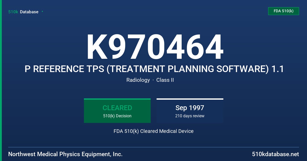 K970464 P REFERENCE TPS (TREATMENT PLANNING SOFTWARE) 1.1 FDA 510(k) Cleared Medical Device