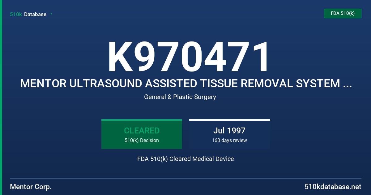 K970471 MENTOR ULTRASOUND ASSISTED TISSUE REMOVAL SYSTEM (TRS) FDA 510(k) Cleared Medical Device
